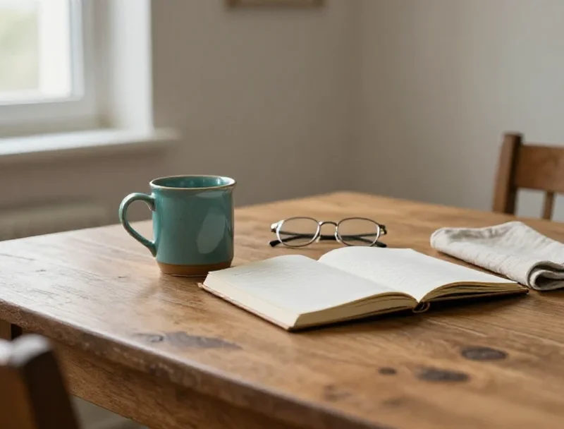 Un bureau matinal avec carnet et tasse illustrant une perspective simple sur le quotidien.